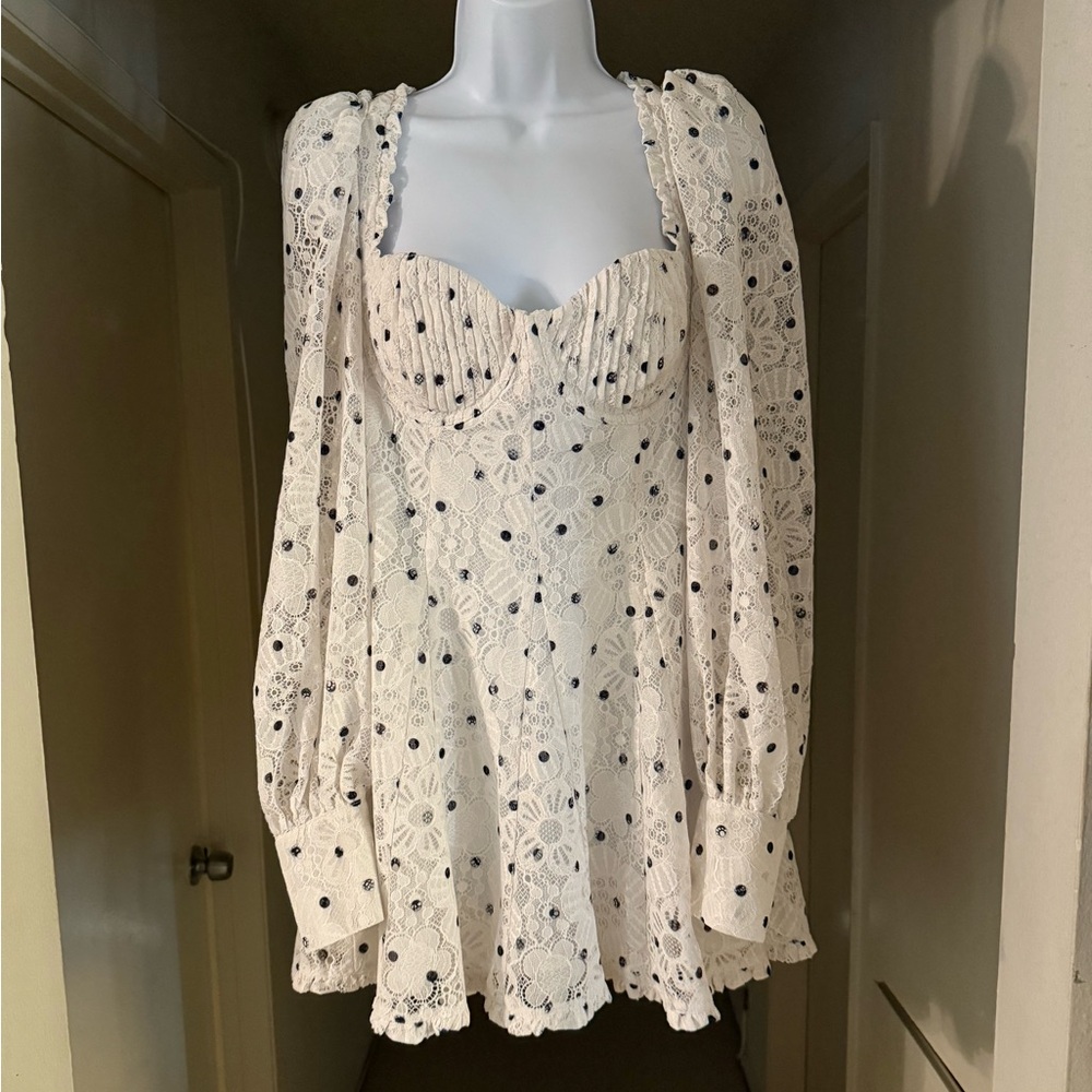 Flowy Black and White Lace Polka Dot Dress - Size L